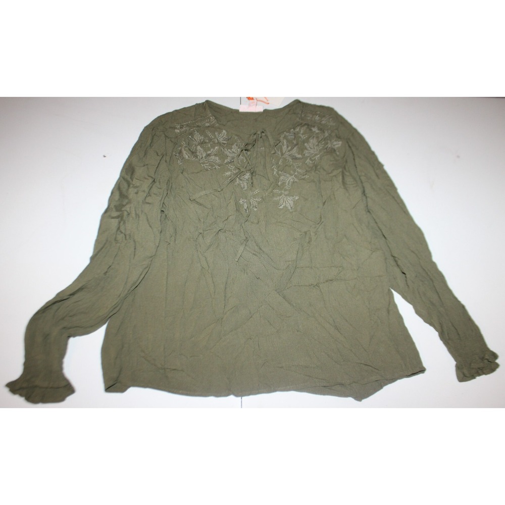 Knox Rose Green Split Tie Neck Embroidered Long Sleeve Blouse sz S